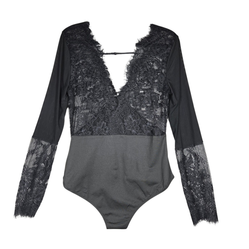 SweatyRocks Black Lace V-Neck Long Sleeve Bodysuit Medium NWT Sexy Clubwear